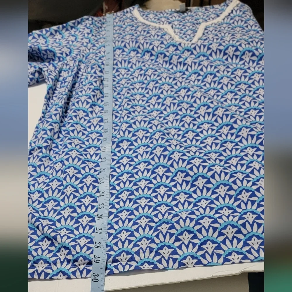 TALBOTS WOMAN 2X Blue White Cotton Scallop Tunic Blouse Top - Picture 8 of 8